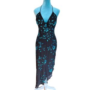 Y2K Floral Cache 100% Silk Halter Black Teal Sequin Beaded Prom Fairy Dress